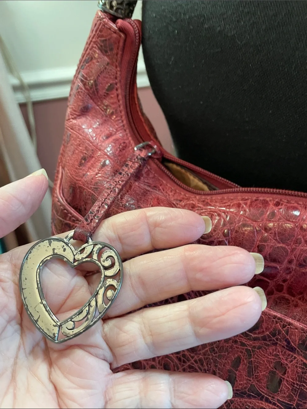 Red Textured Brighton Shoulder Bag with Heart Charms